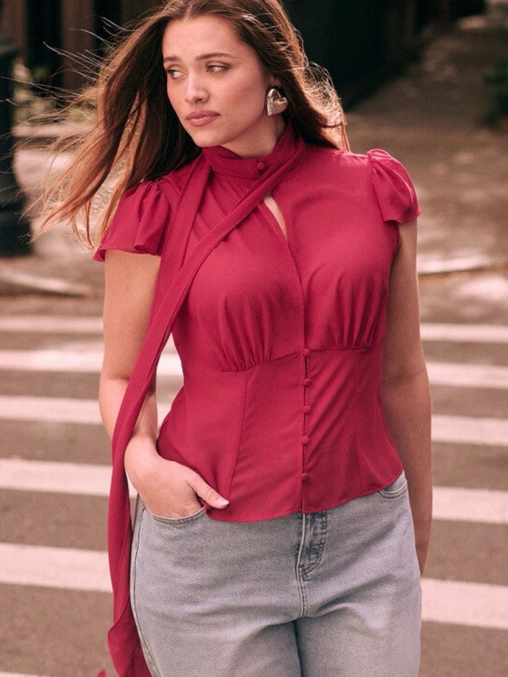 ELOQUII Women's Red Tie-Neck Puff Sleeve Blouse